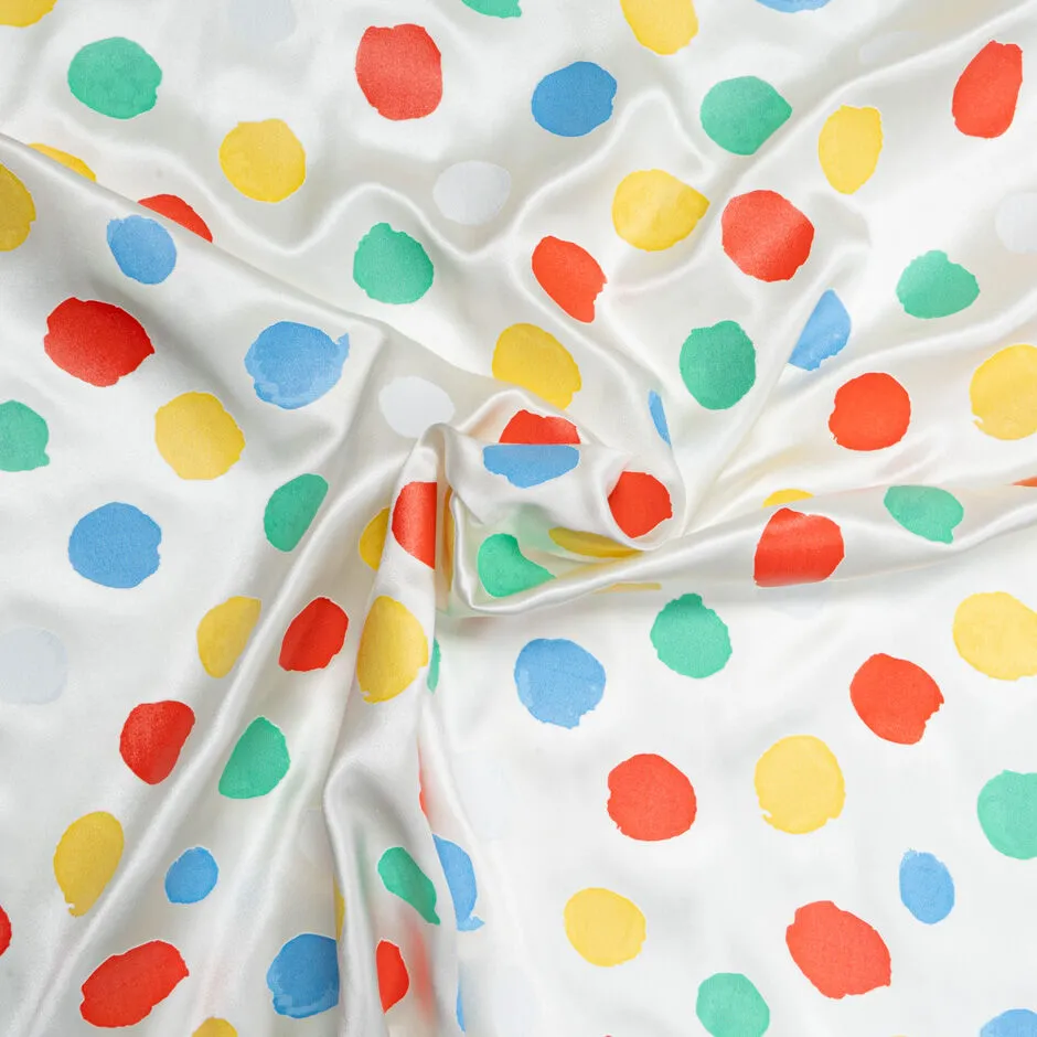 Multi-Coloured Spot Vision Printed Ivory Pure Silk Satin