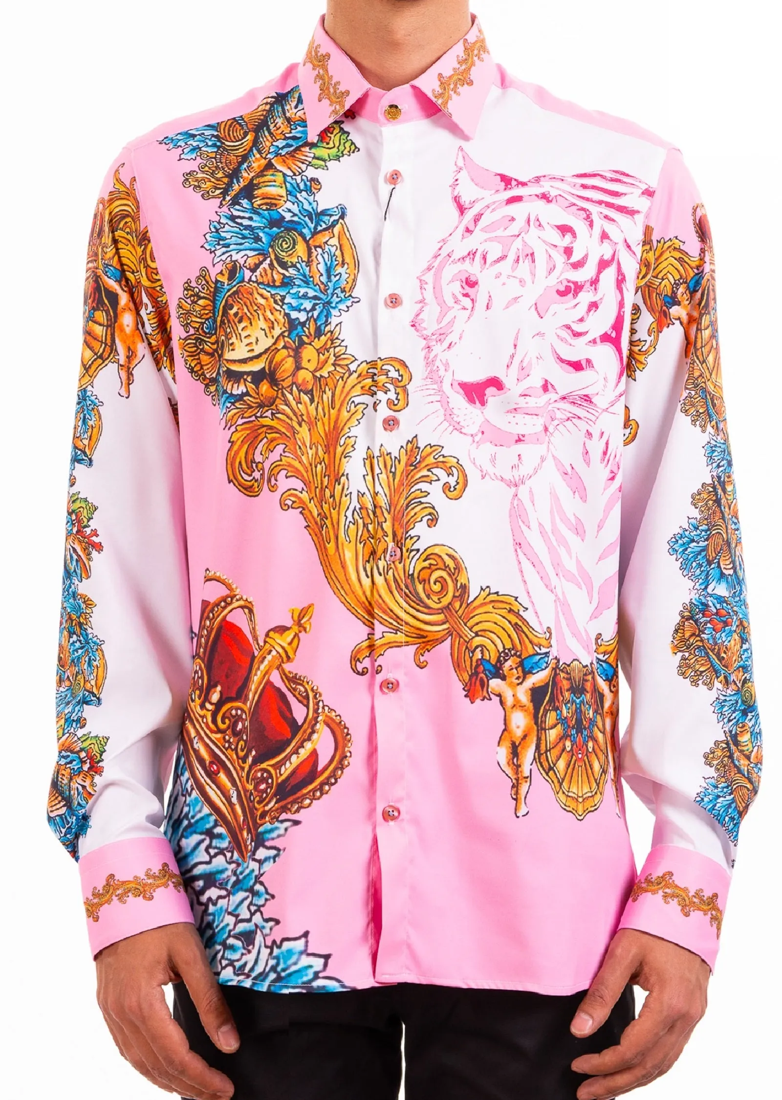 Pink Tiger King Baroque Silky Shirt