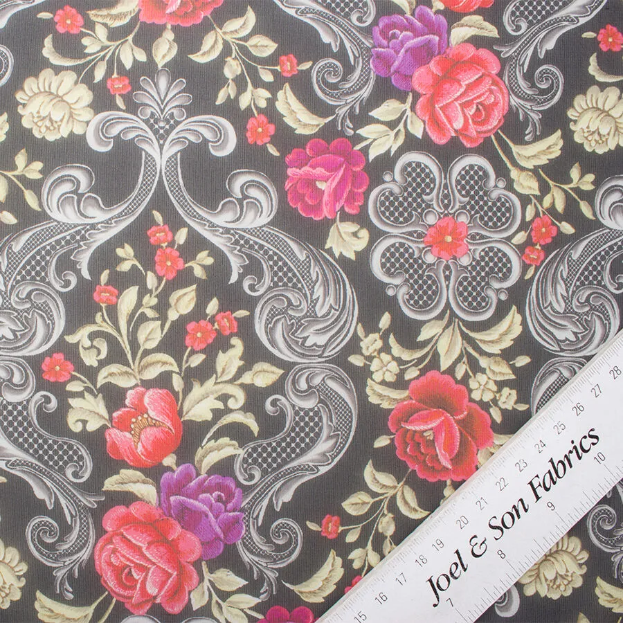 Red & Purple Floral Printed Black Silk Georgette