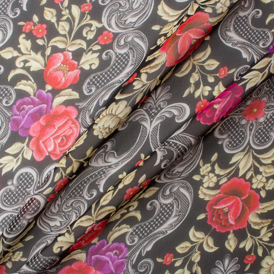 Red & Purple Floral Printed Black Silk Georgette