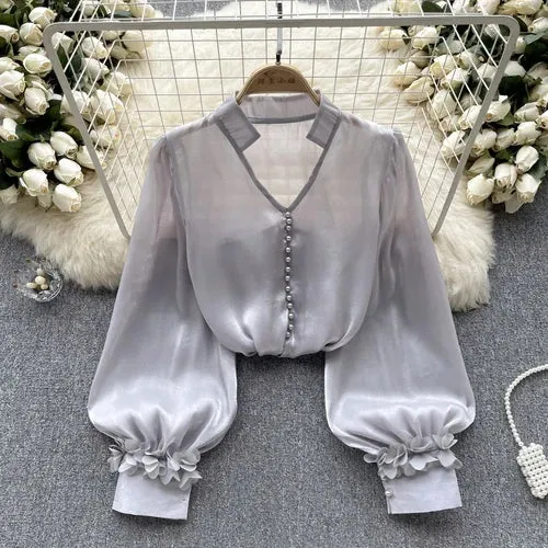 Satin V-Neck Lantern Sleeve Blouse