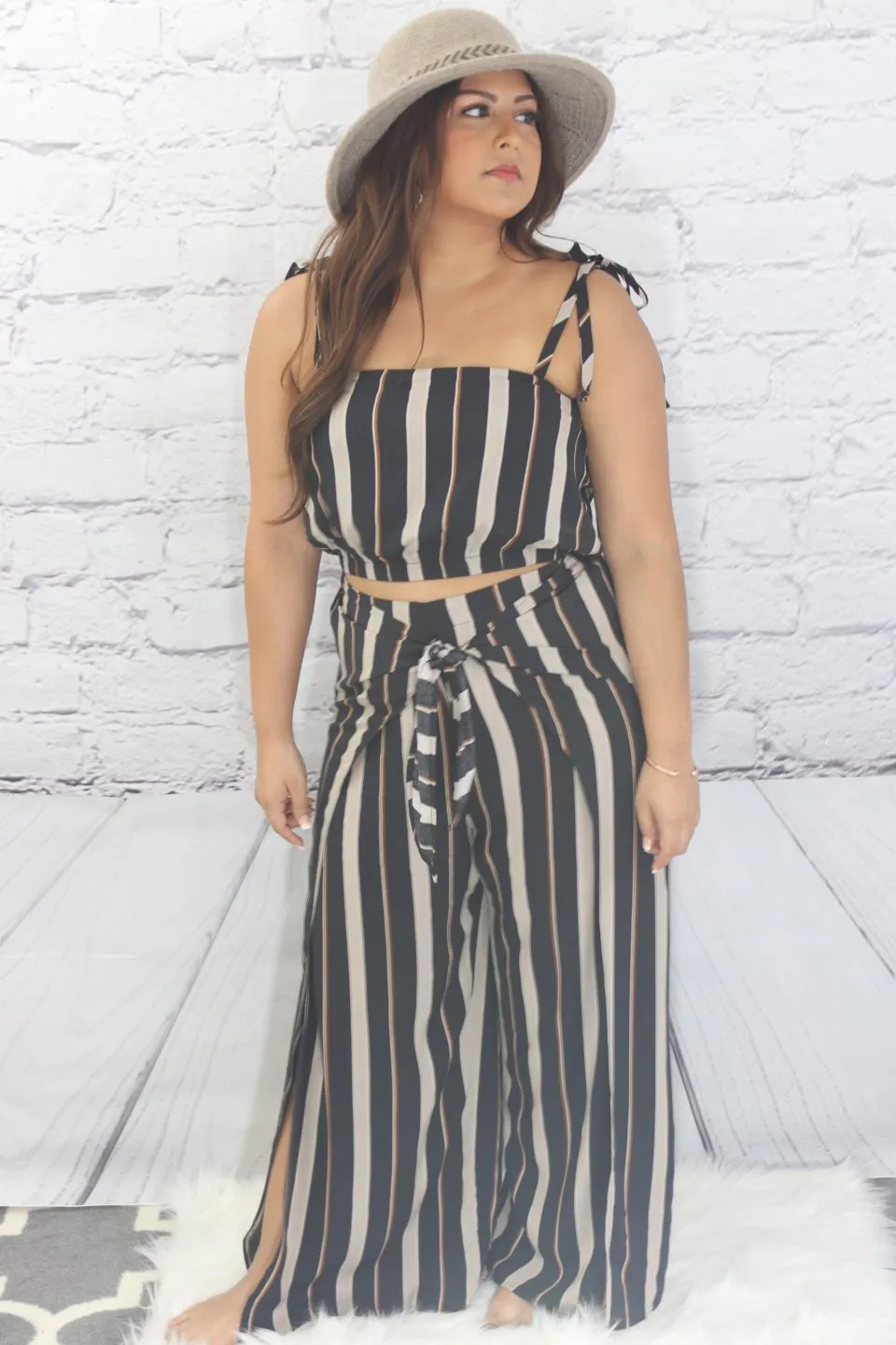 Striped tie shoulder crop top