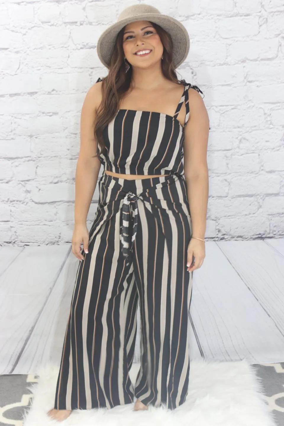 Striped tie shoulder crop top