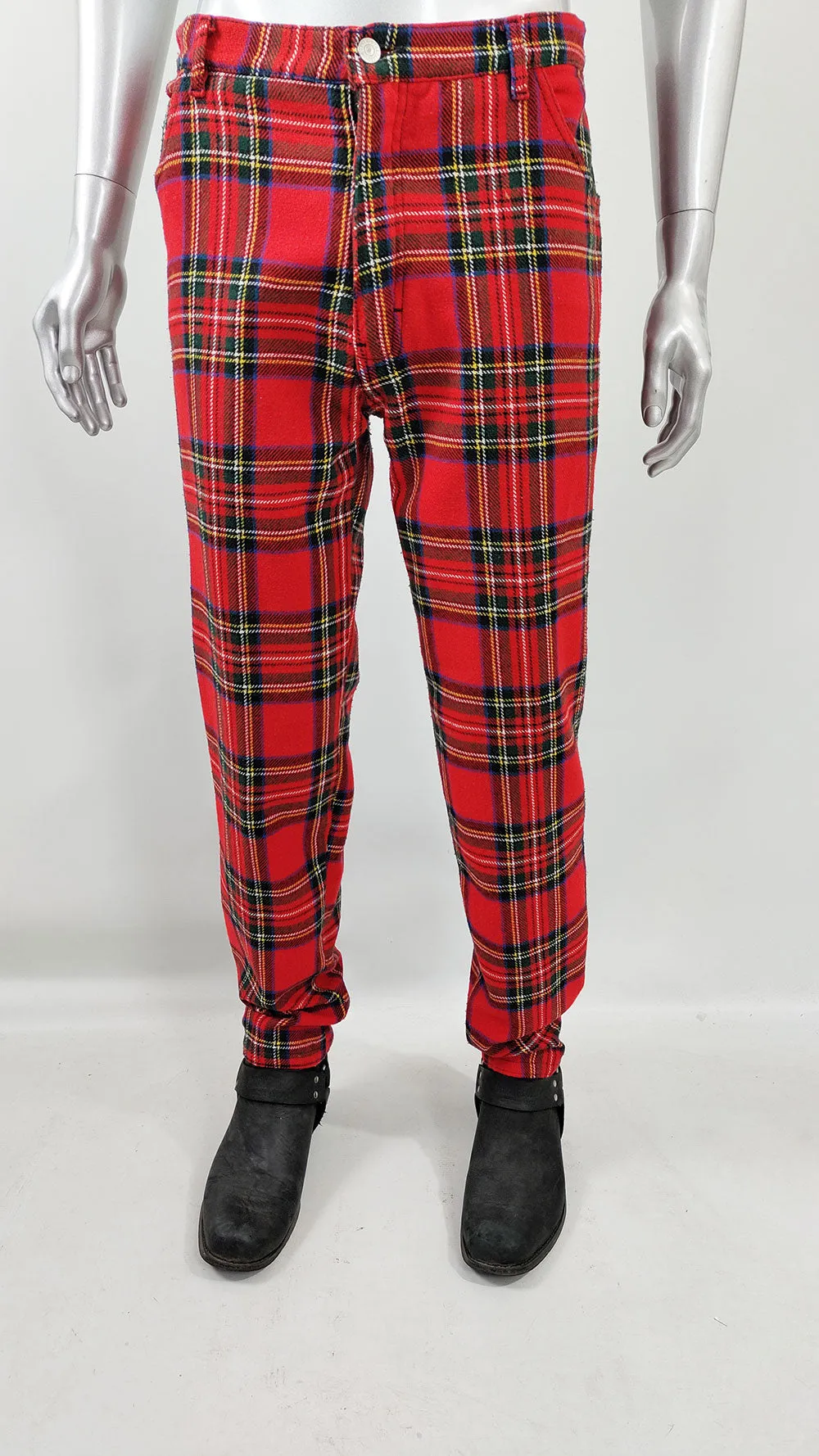 Vintage Mens Red Tartan Punk Trousers, 1980s