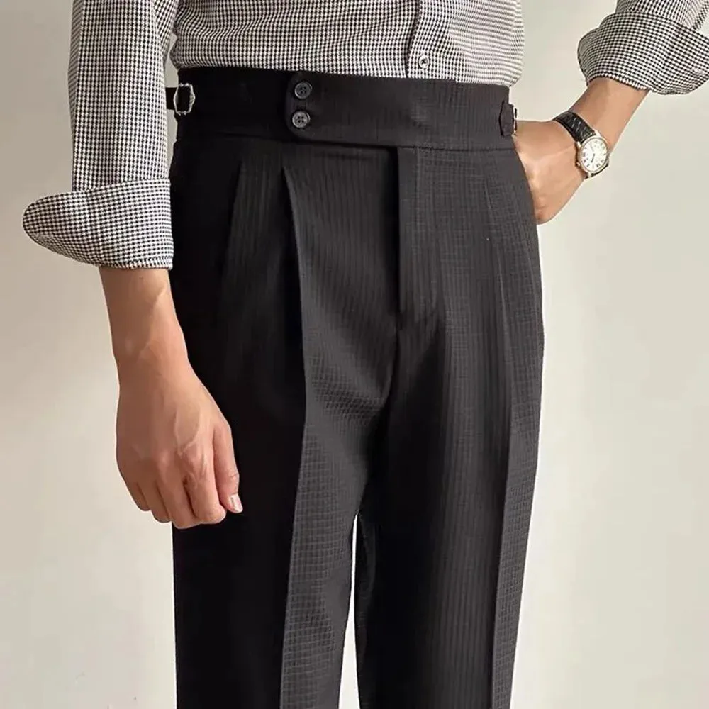 Wiaofellas  -  Mens Pants Suit Business British Office Casual Dress Pants Waffle Texture Chic Buckle High Waist Suit Pants Summer Mens Clothing