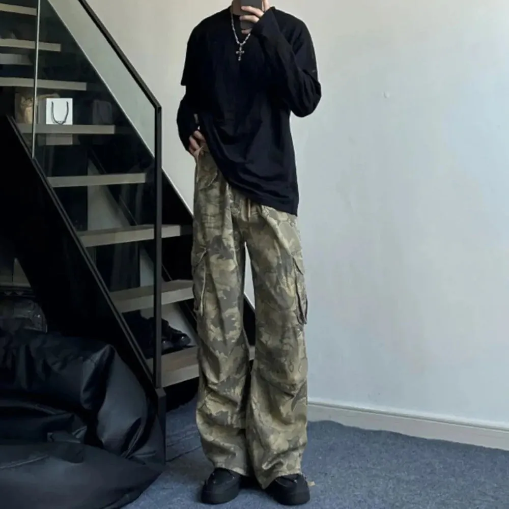 Wiaofellas  -  Mens Y2k American Retro Pocket Camouflage Straight Pants Genderless Trendy Hip-Hop Workwear Style Loose Wide-Leg Pants Unisex