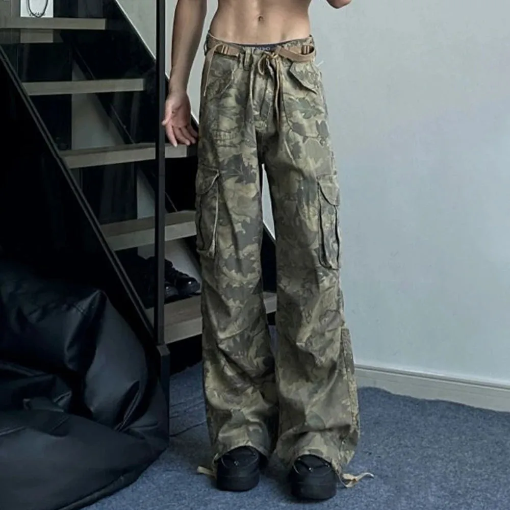 Wiaofellas  -  Mens Y2k American Retro Pocket Camouflage Straight Pants Genderless Trendy Hip-Hop Workwear Style Loose Wide-Leg Pants Unisex