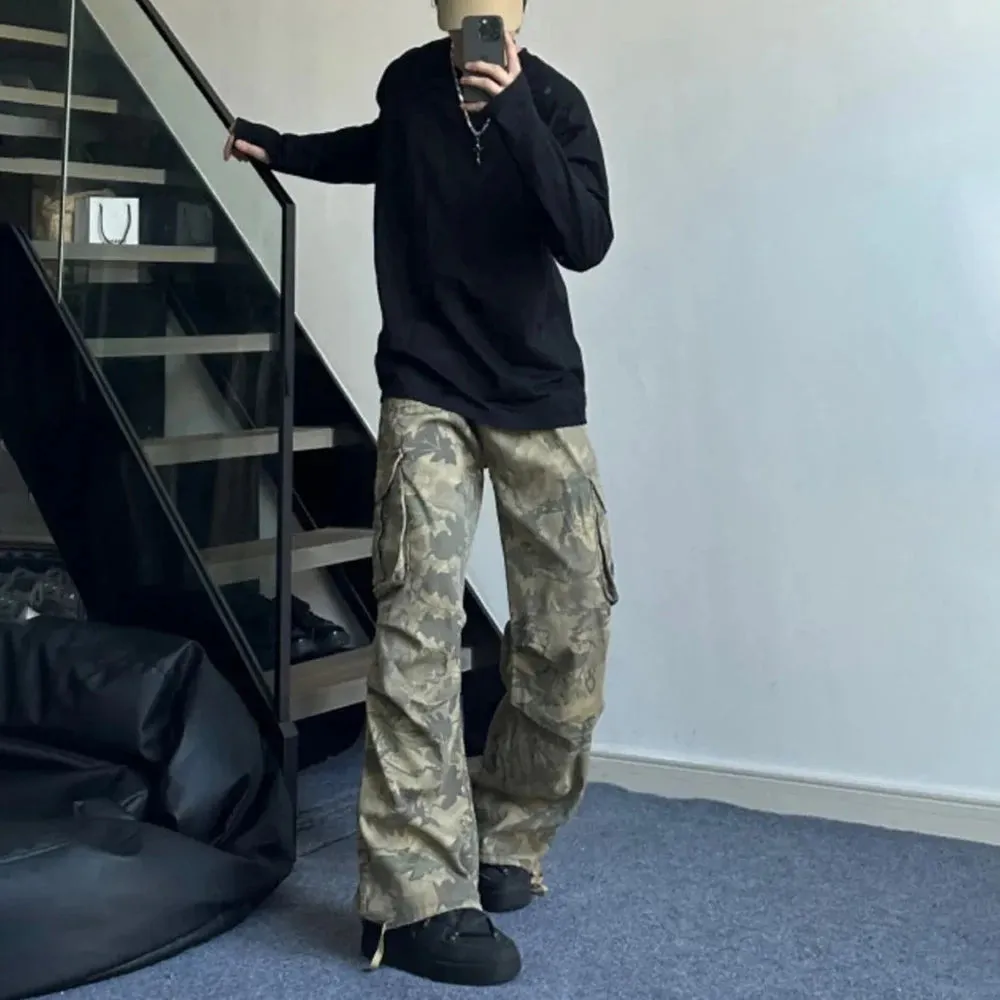 Wiaofellas  -  Mens Y2k American Retro Pocket Camouflage Straight Pants Genderless Trendy Hip-Hop Workwear Style Loose Wide-Leg Pants Unisex