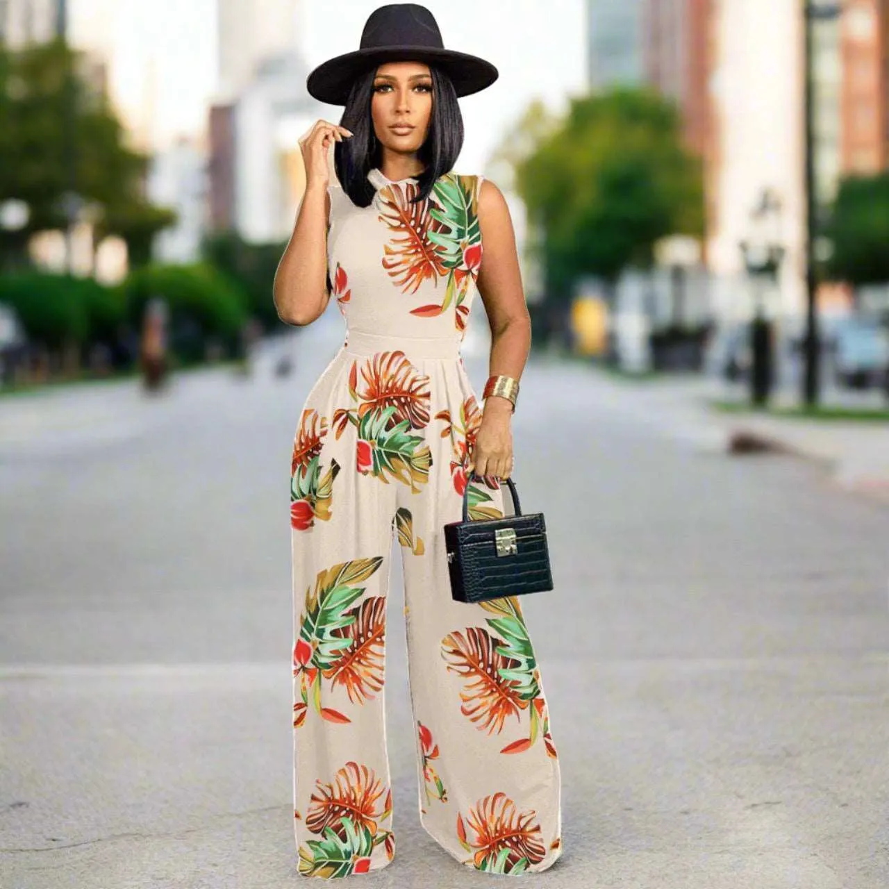 Women's Colorful Pattern Print Sleeveless Wide Leg Pants and Bodysuit Outfit Set