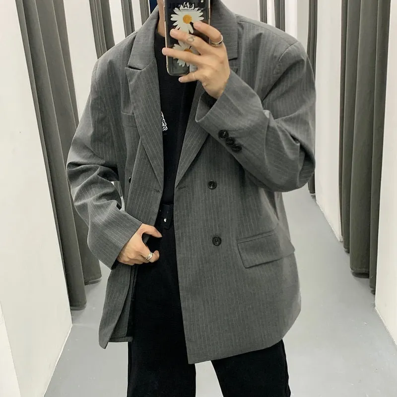 xiangtuibao Grey Pinstripe Loose Double Breasted Oversize Blazers Jackets Fashionable Mens Clothing  Autumn Korean style Suit Coats Men